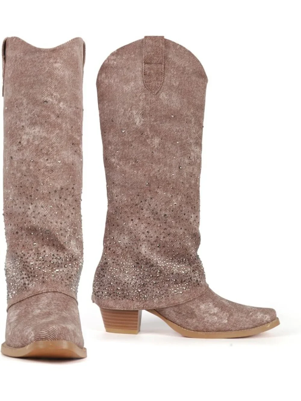 Women's Brown Rhinestones Fold Over Wide Calf Fashion Western Knee High Boots